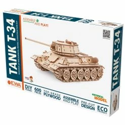Promo 🎉 EWA Kit Maquettes Bois Et Cartons Puzzle 3D Mécanique En Bois - Char T34 - 49,2 X 20,5 X 19 Cm - 600 Pcs 👏